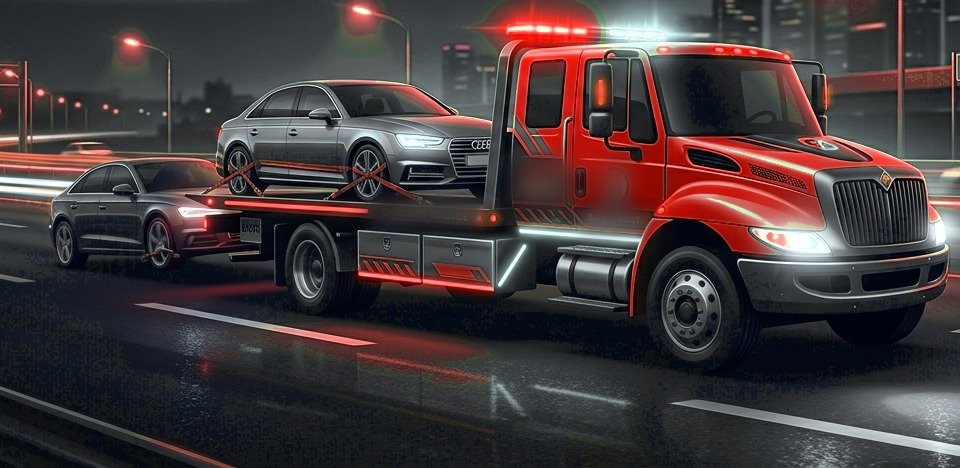 D&G Yol Yardım kırmızı kayar kasa oto çekicisi gece otoyolda araç taşırken
